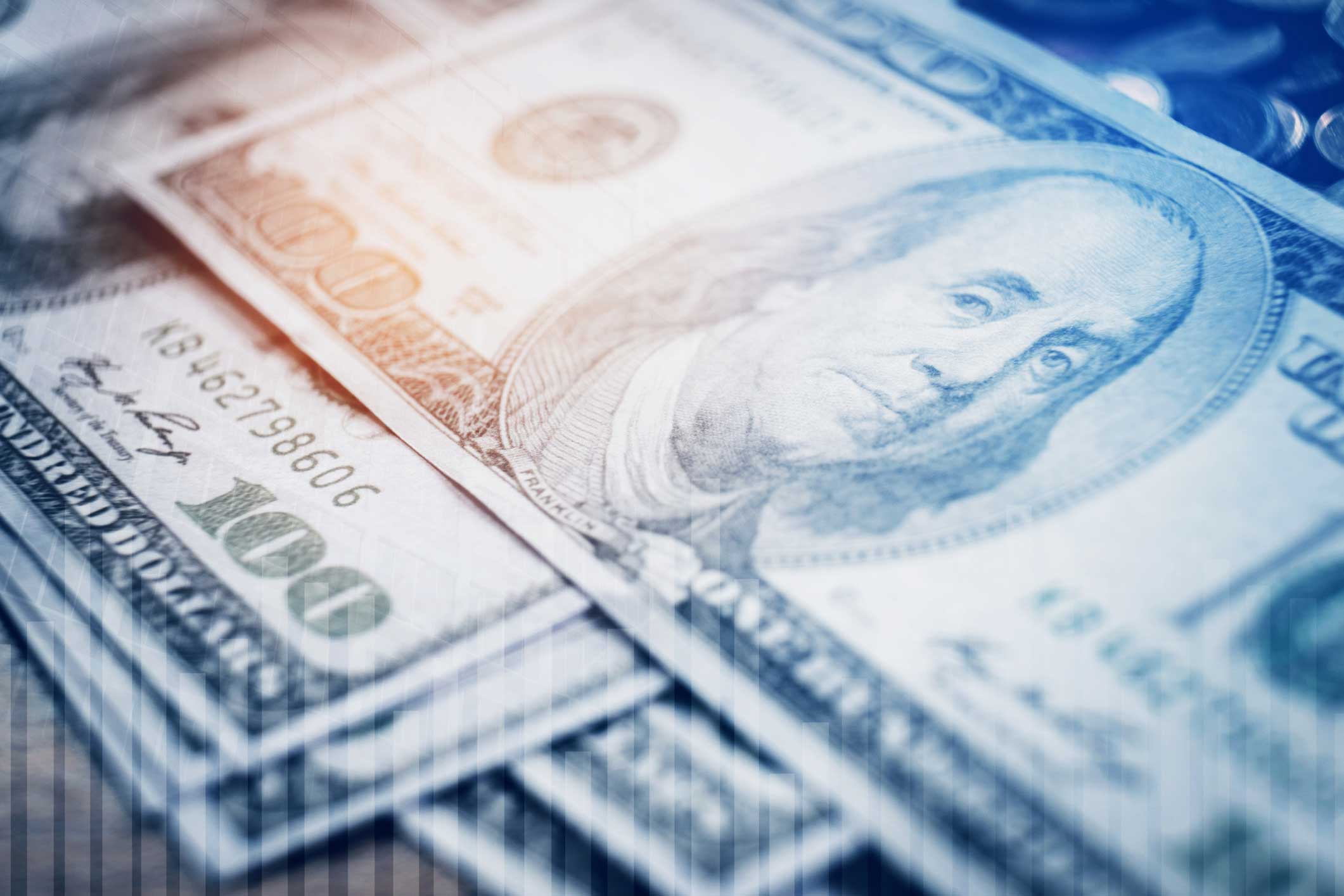 hundred dollar bills, blue background